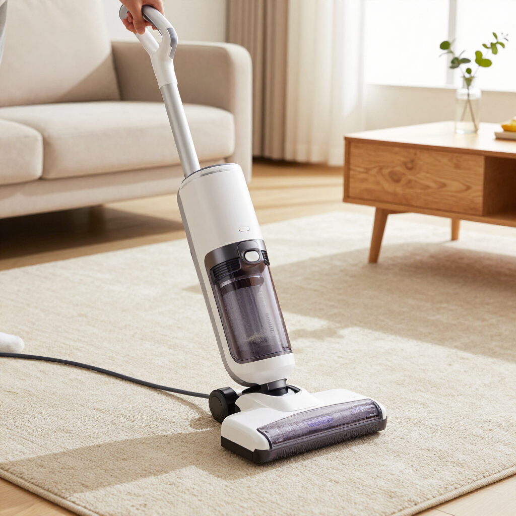 Cordless vacuum cleaner on a beige rug in a bright living room