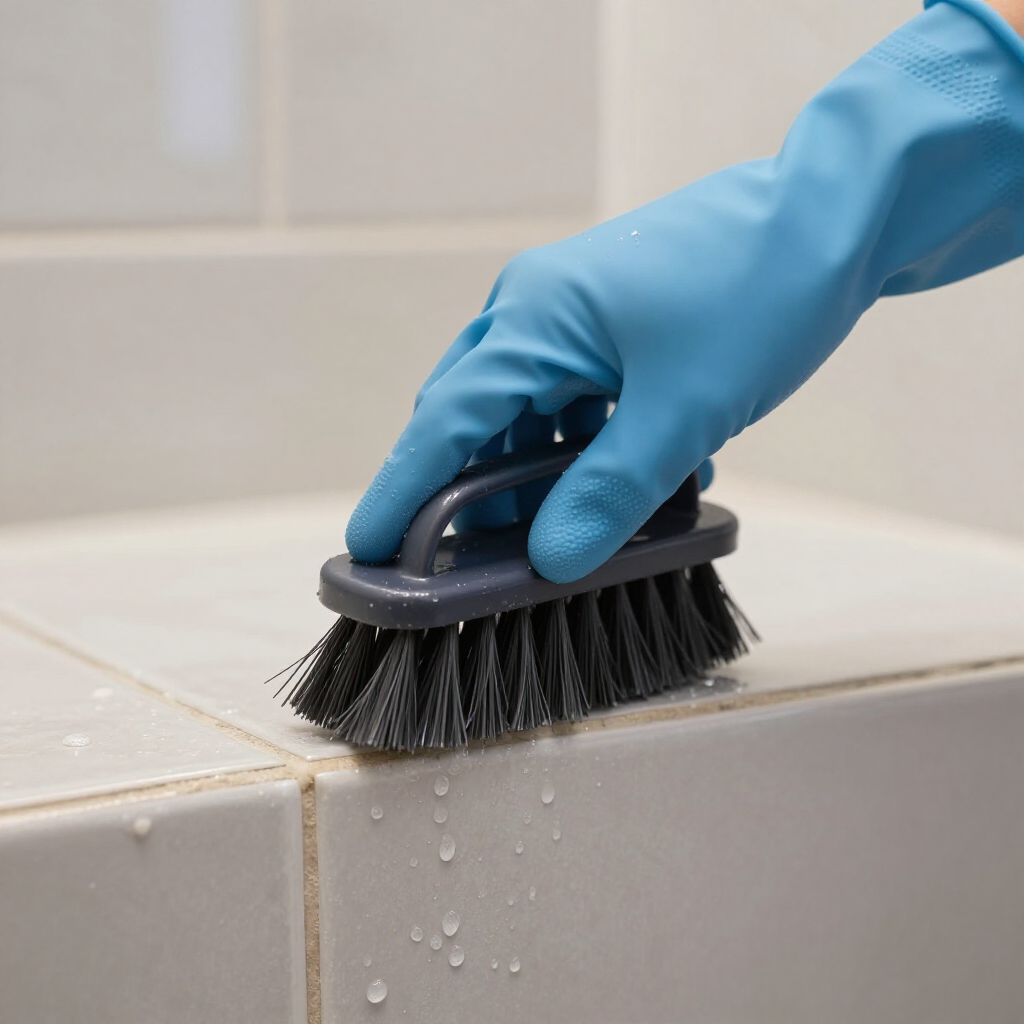 Blue-gloved hand scrubbing grout and tile with a brush, with water dripping down a bathroom ledge