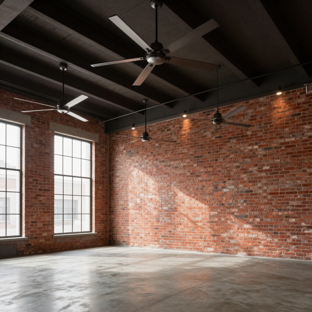 Empty industrial loft with exposed brick walls, large windows, concrete floor, and ceiling fans.