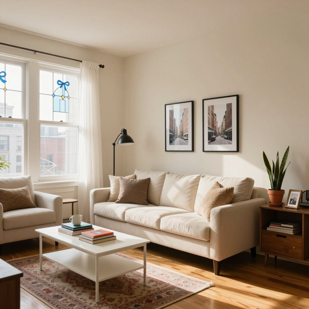 Bright, sunlit living room with a beige sofa, armchair, coffee table, floor lamp, framed wall art, and houseplant.