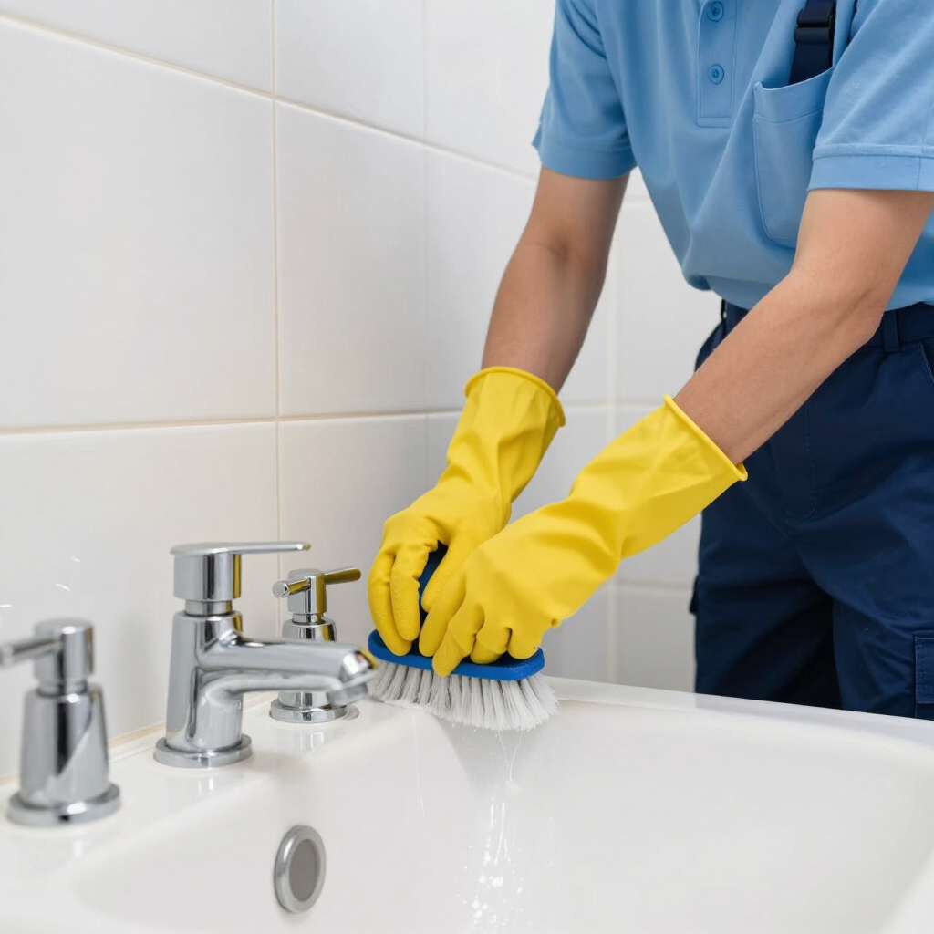 Person in blue uniform and yellow gloves scrubbing a white bathroom sink with a brush and sponge.