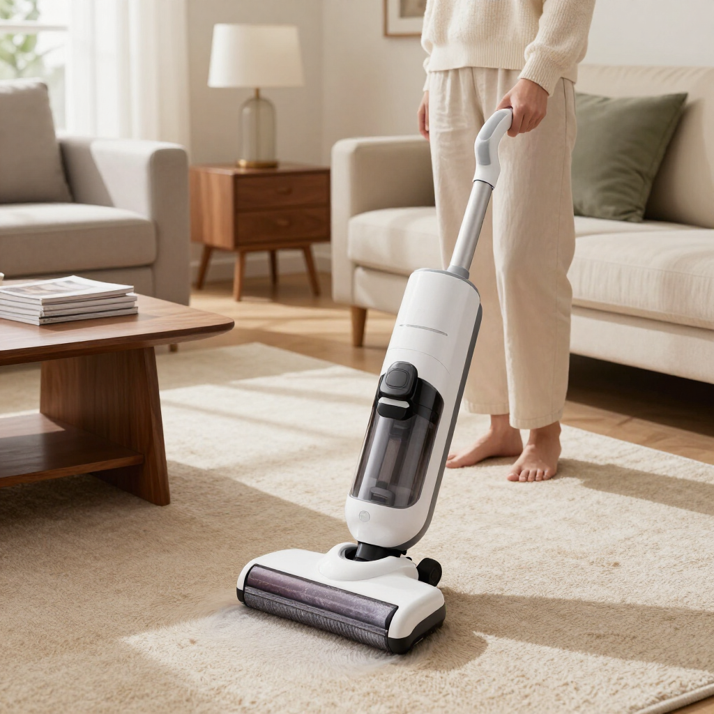 Person vacuuming a beige rug in a bright living room with a cordless stick vacuum