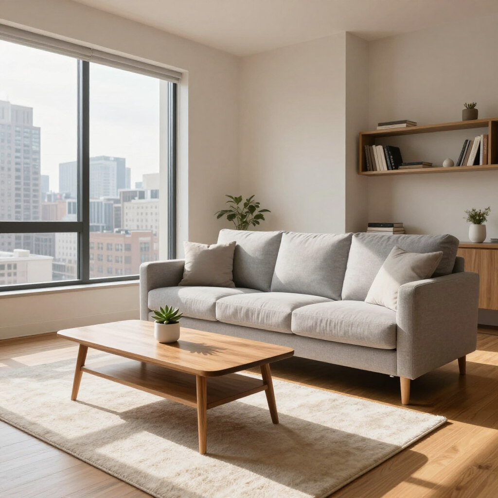 Bright living room with a gray sofa, wooden coffee table, rug, shelves, and large city-view window.