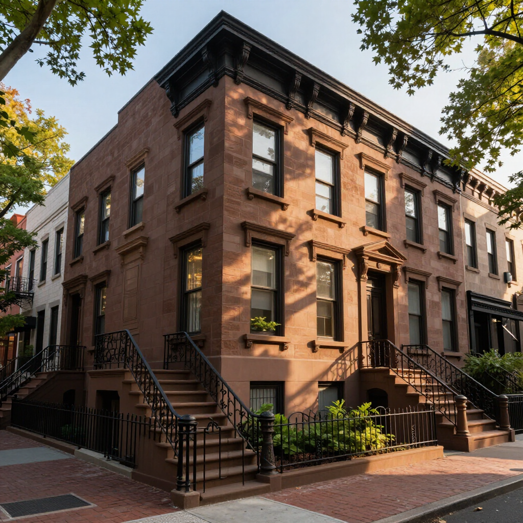 Brown brick corner townhouse with black iron stoops and black trim on a tree-lined street