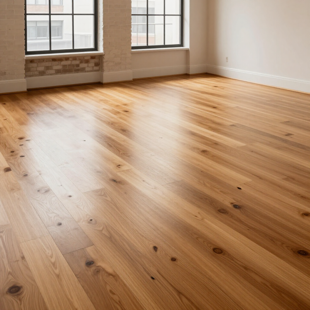 Empty room with light wood flooring and large windows letting in sunlight