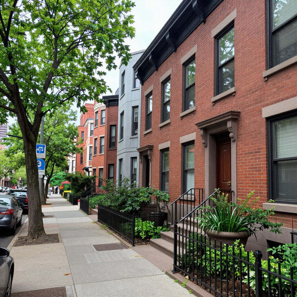 Tree-lined city sidewalk beside brick row houses and parked cars on a sunny street.
