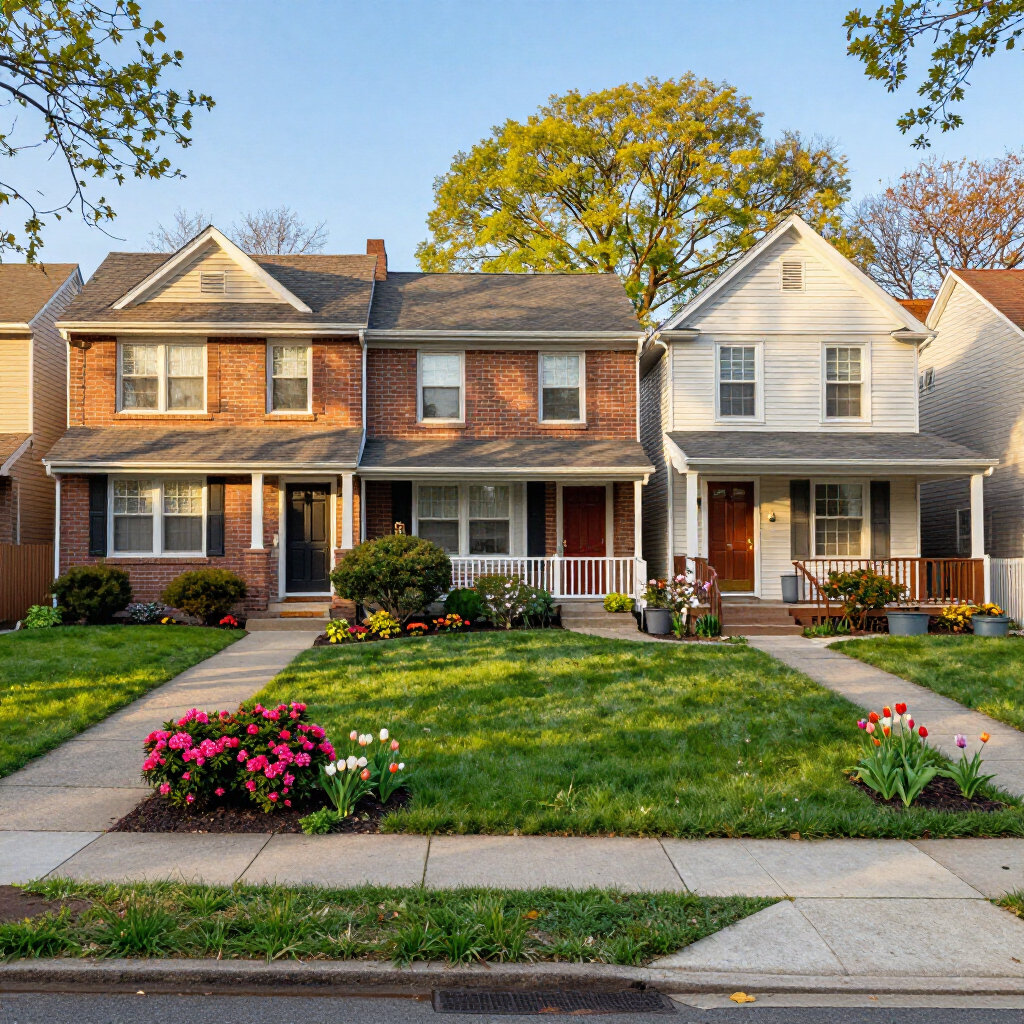 Row of suburban townhouses with front porches, green lawns, and blooming flower beds in warm evening light