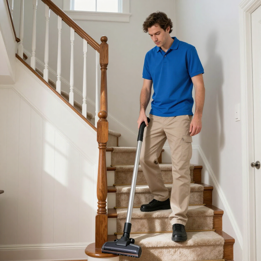 Man vacuuming carpeted stairs in a sunlit hallway