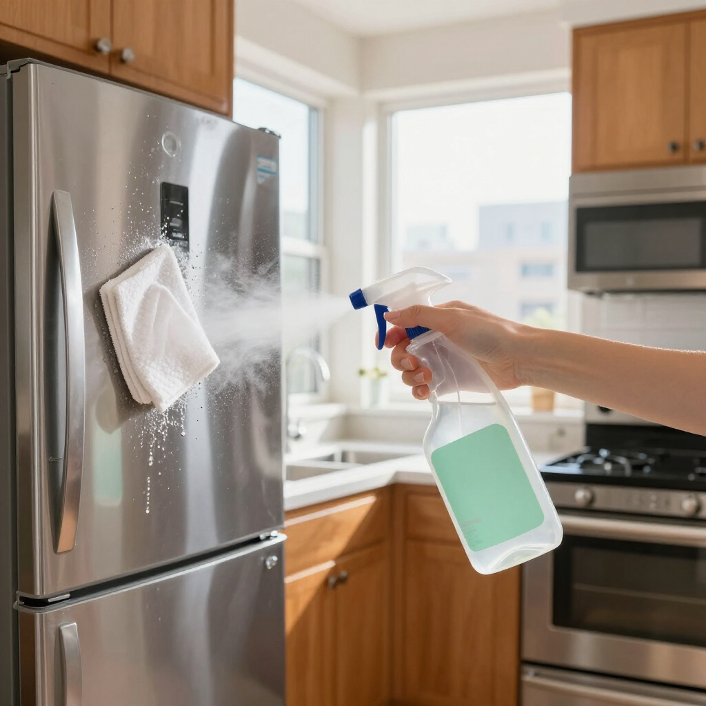 Hand spraying cleaner on a stainless steel refrigerator in a bright kitchen, wiping with a cloth