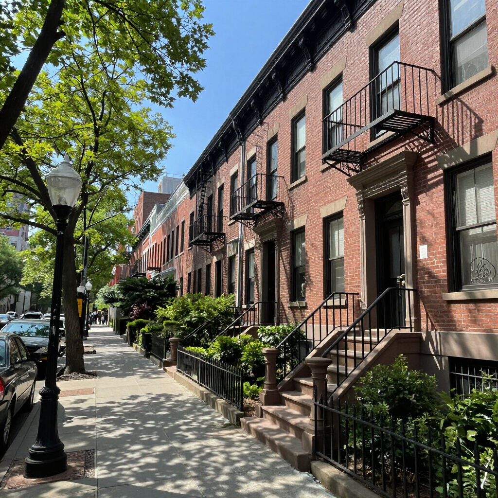 Sunlit city sidewalk lined with brick townhouses, stoops, and leafy trees along parked cars