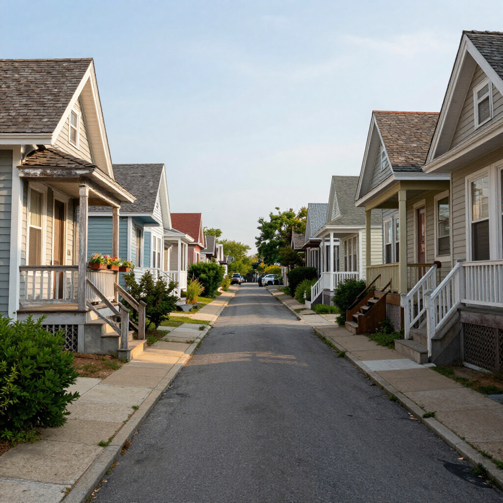 Quiet residential street lined with small white houses and porches under a clear sky