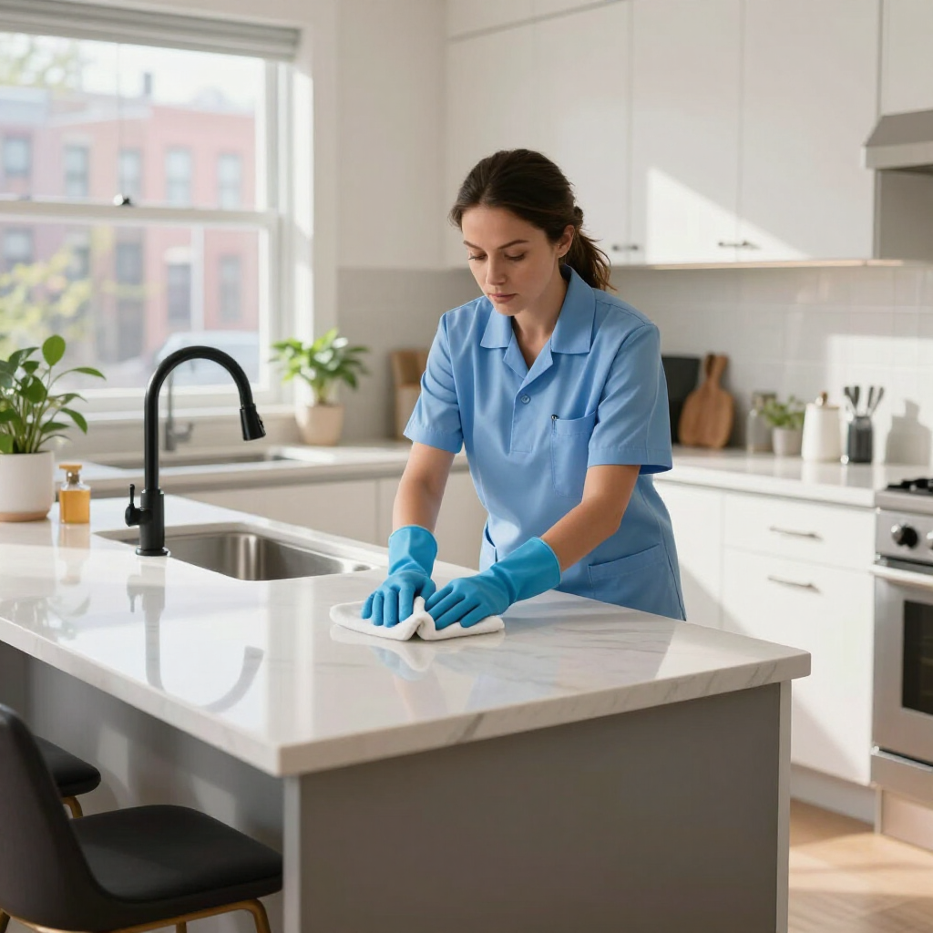 Person in blue cleaning gloves wiping a kitchen island in a bright modern kitchen