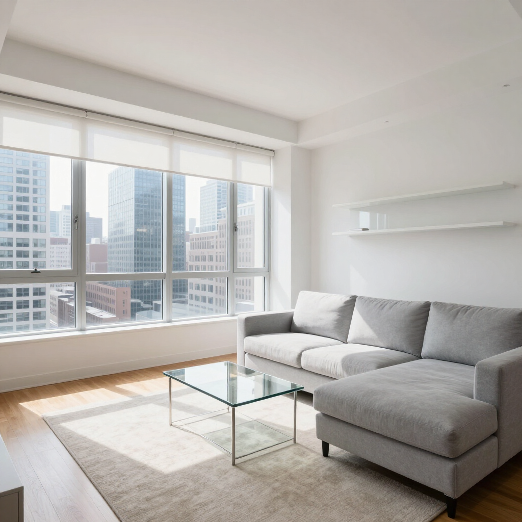 Bright modern living room with gray sectional, glass coffee table, and large windows overlooking city buildings