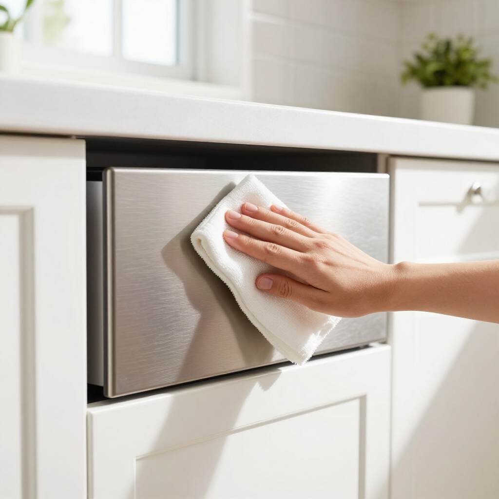 Hand wiping a stainless steel dishwasher door in a bright kitchen