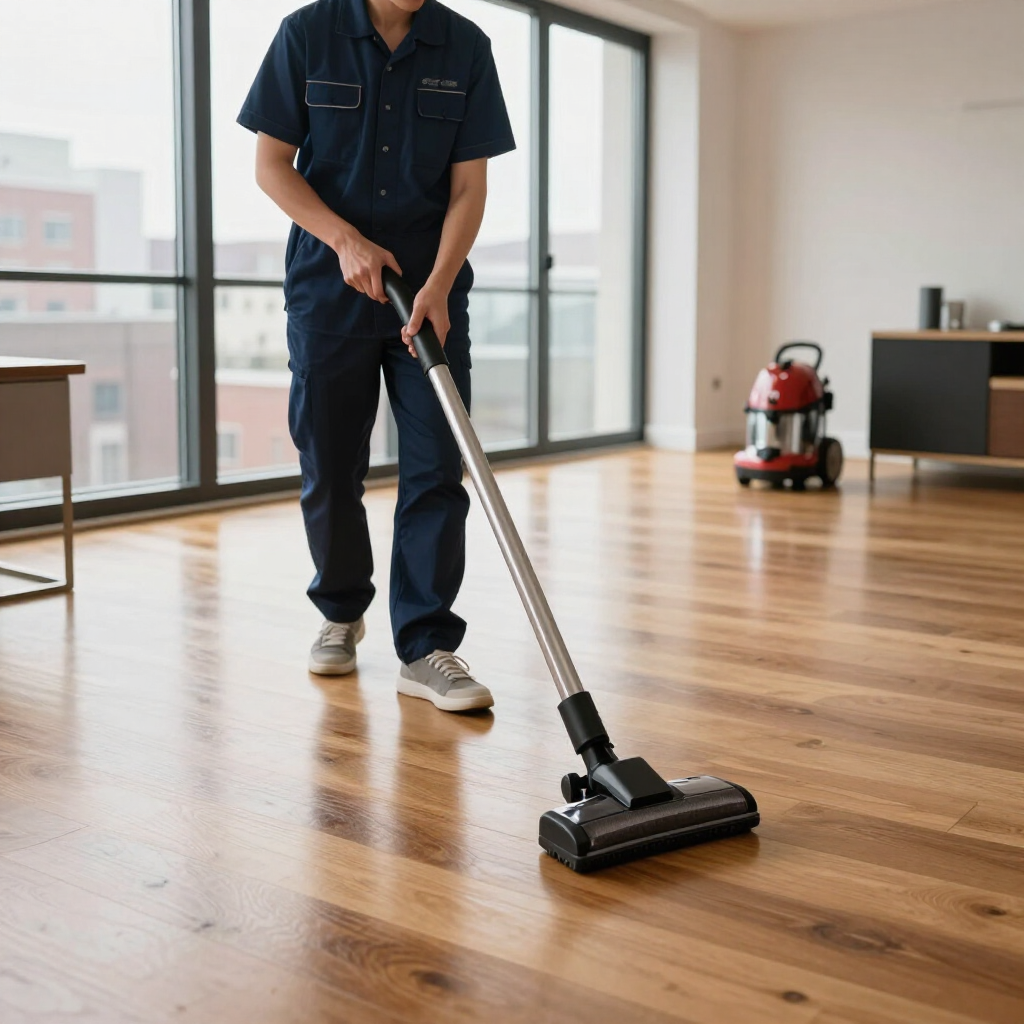 Worker vacuuming a polished wood floor in a bright modern room