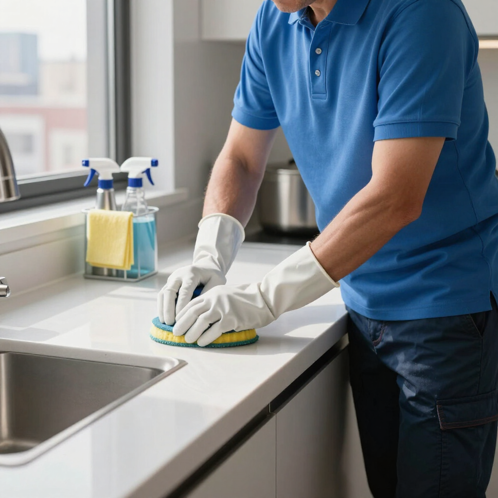 Person in blue shirt cleaning a kitchen countertop with a sponge and spray bottles nearby