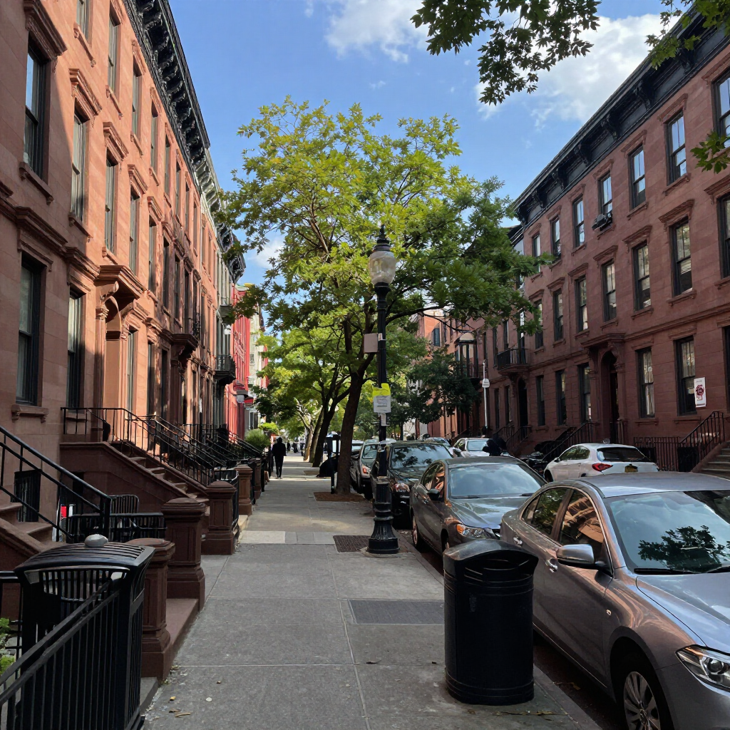 Tree-lined city street with brownstone buildings, parked cars, and blue sky on a sunny day