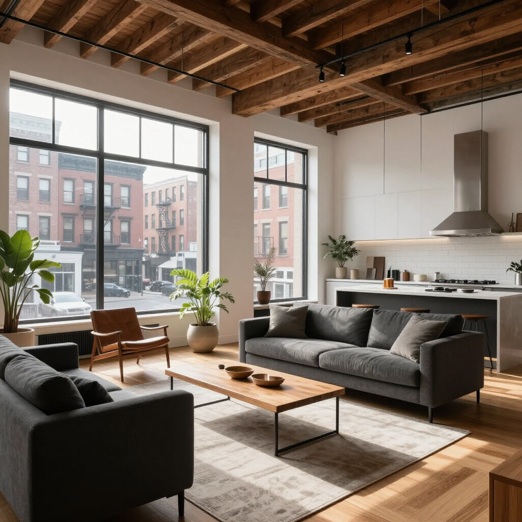 Modern living room with gray sofas, large windows, wood beams, and a kitchen area open to the space