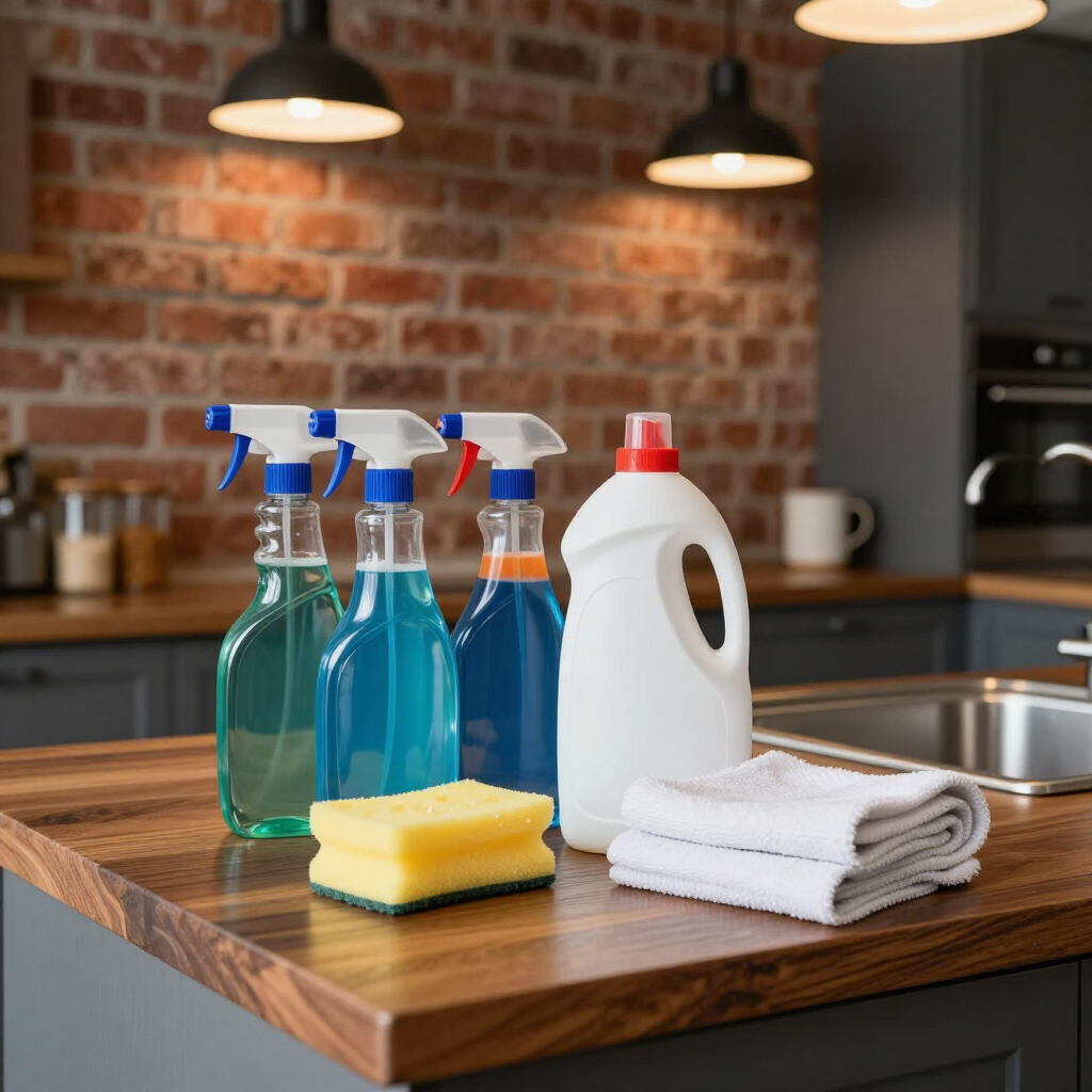 Cleaning supplies on a kitchen island: spray bottles, detergent, sponges, and folded towels.