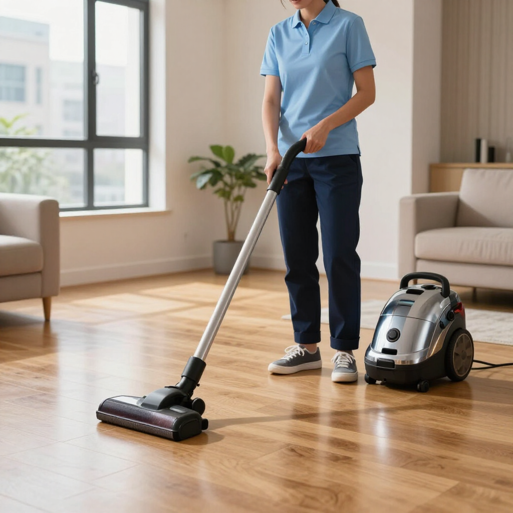 Person vacuuming a hardwood floor in a bright living room, with a canister vacuum nearby