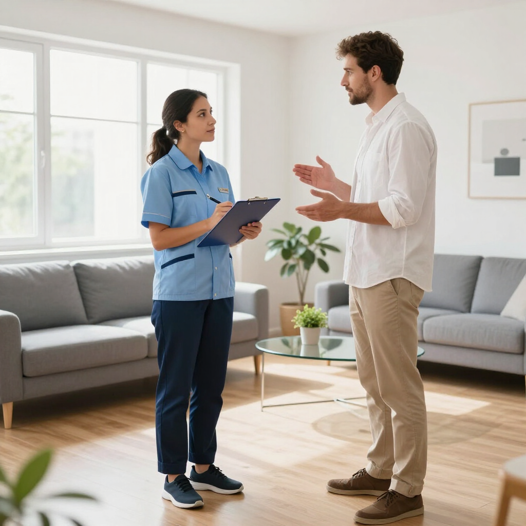 Two people talking in a bright living room, one holding a tablet, with a couch and coffee table behind them