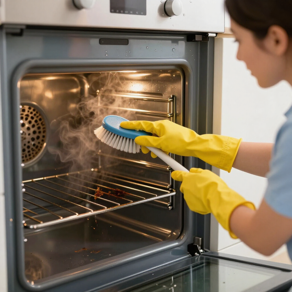 Person cleaning an oven interior with a brush and yellow gloves