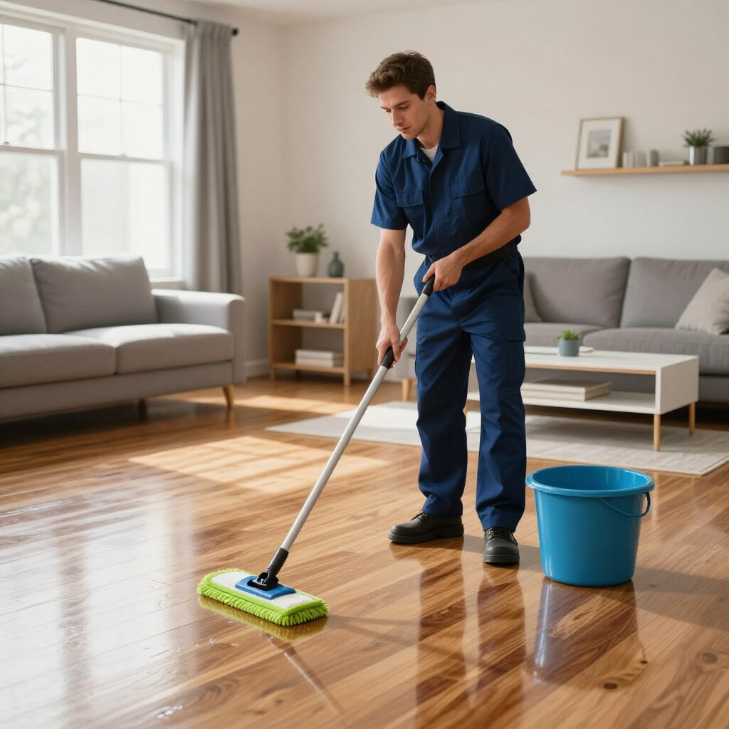 Person mopping a shiny wooden floor in a living room beside a blue bucket.