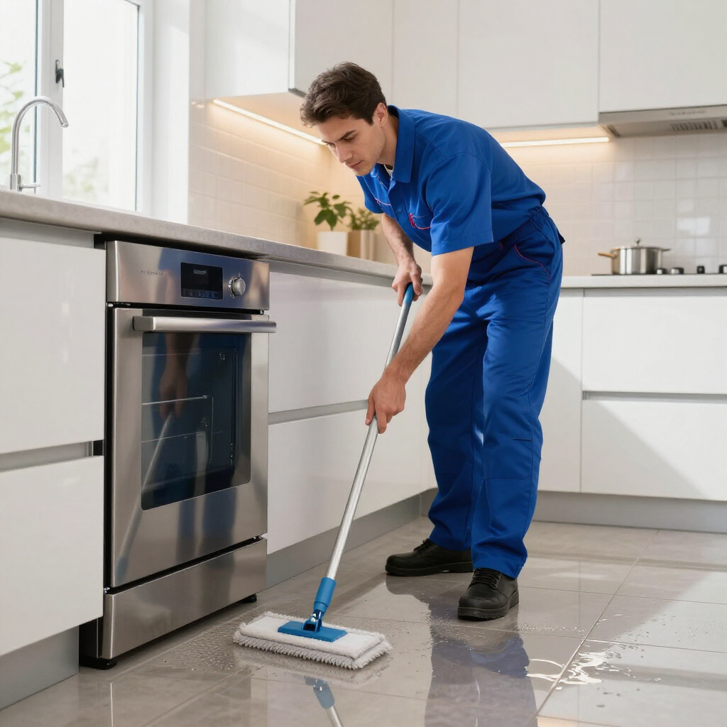 Cleaner in blue uniform mopping a modern kitchen floor near a dishwasher