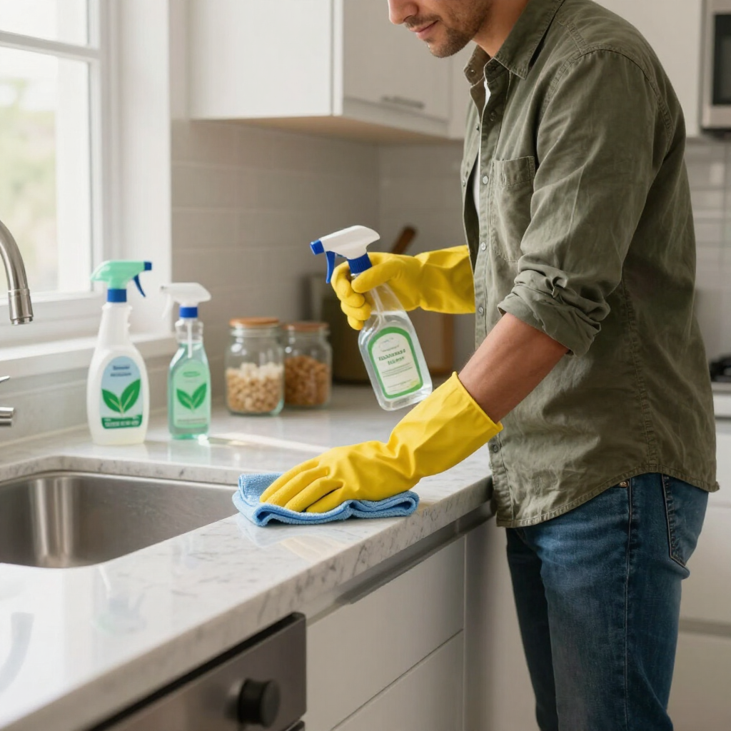 Man in yellow gloves cleaning a kitchen counter with spray and cloth near the sink.
