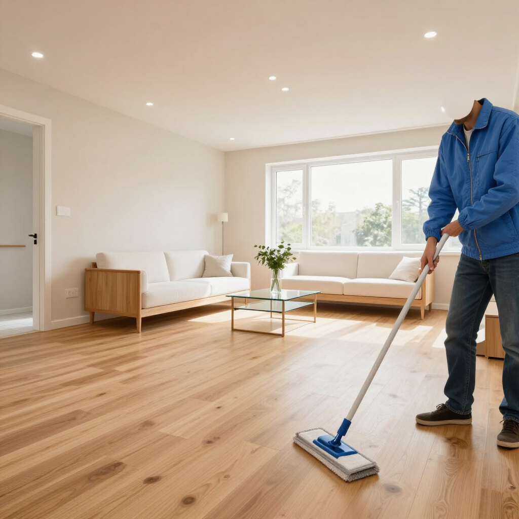 Person mopping a bright modern living room with wood floors and white furniture