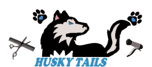 Husky Tails logo with black-and-white husky silhouette, paw prints, grooming tools, and blue text