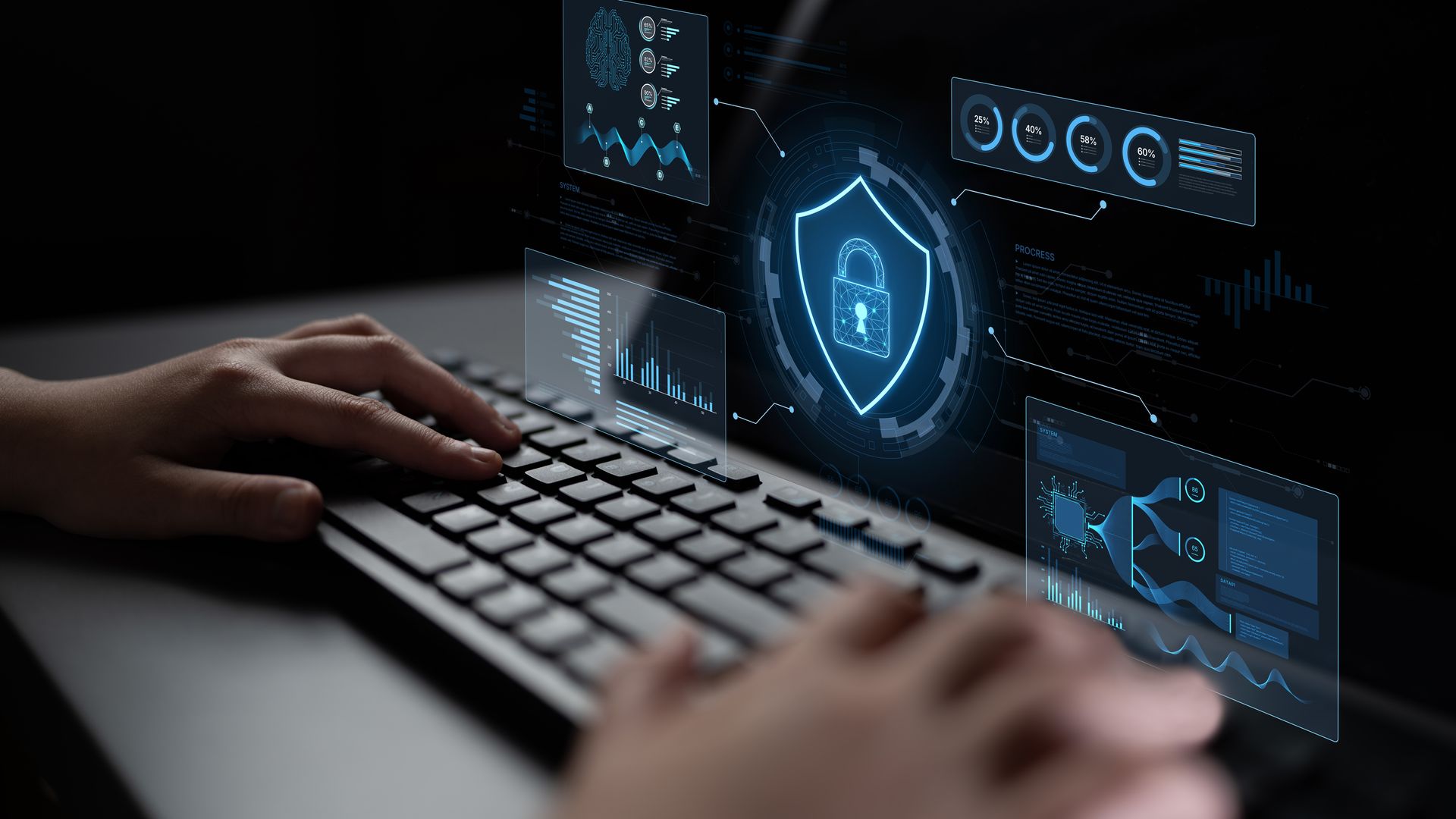 Hands typing on a keyboard with glowing blue cybersecurity interface icons above it