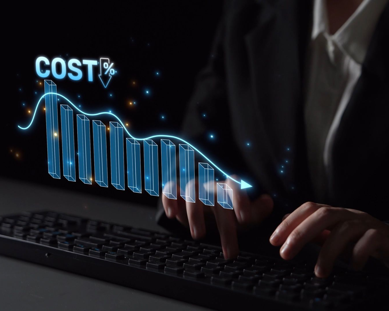Hands typing on a keyboard with a glowing blue cost chart labeled “COST” above it.