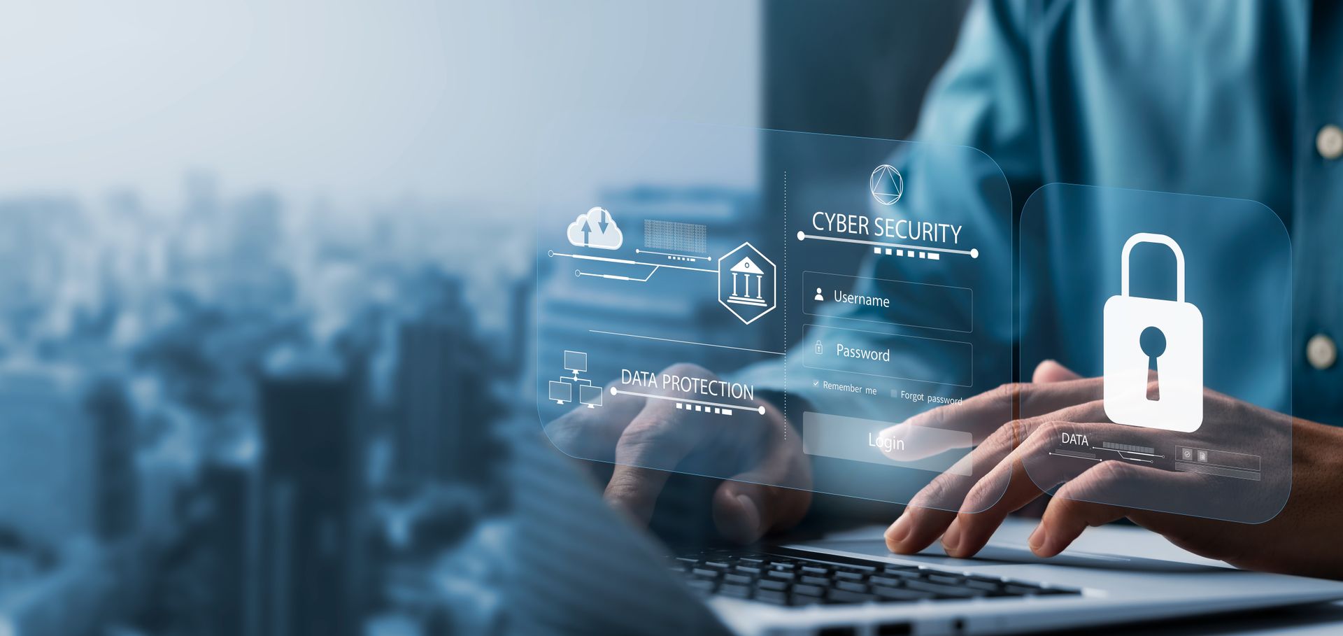 Hands typing on laptop with digital lock icons, suggesting cybersecurity