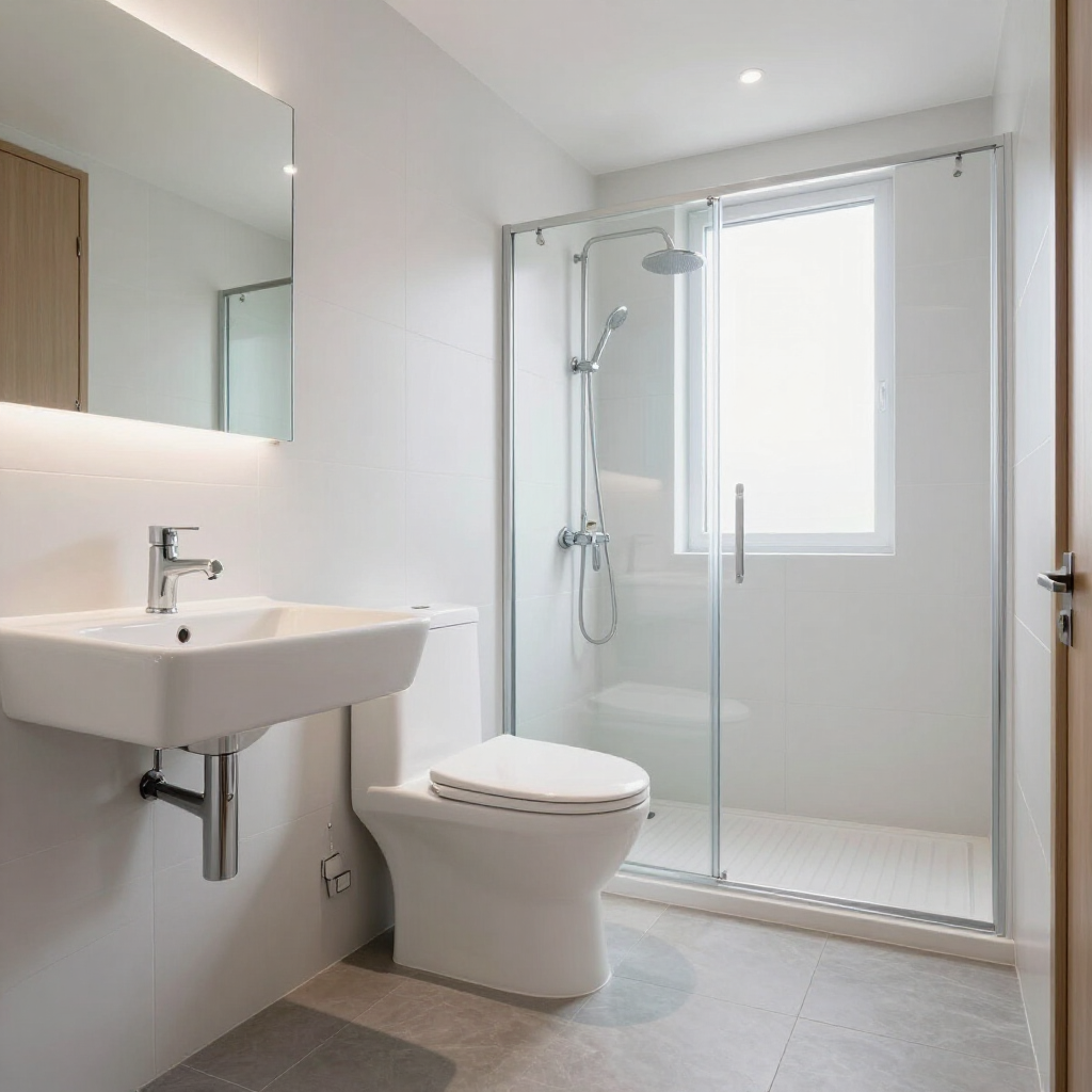 Baño moderno blanco con lavabo, inodoro y cabina de ducha de cristal, luz natural brillante.