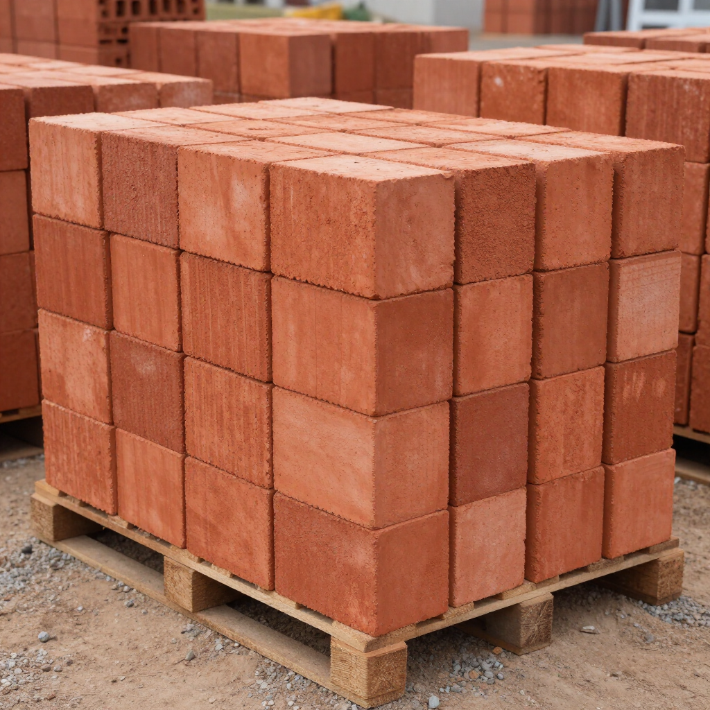 Ladrillos de arcilla roja apilados sobre paletas de madera al aire libre en una obra en construcción.