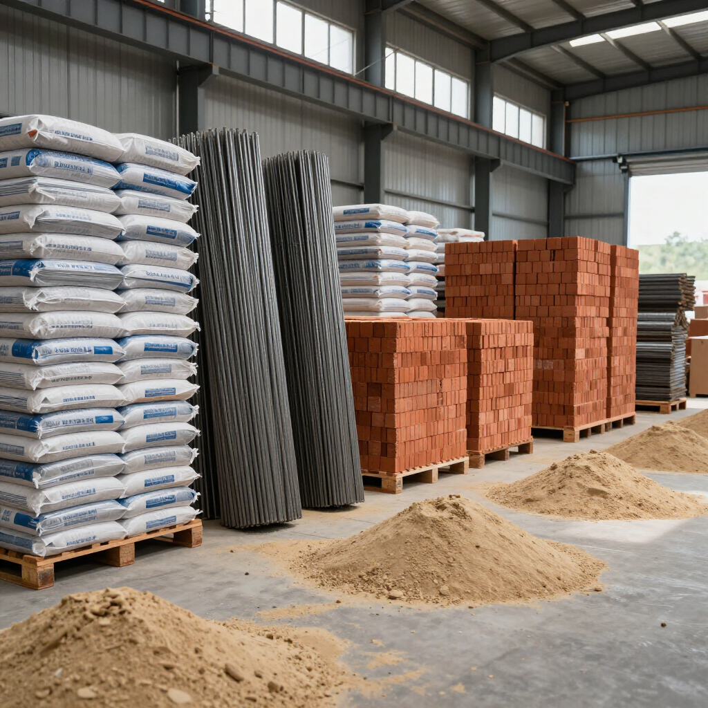 Materiales de construcción apilados en un almacén, con montones de arena, sacos de cemento y ladrillos.