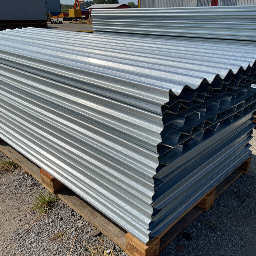 Láminas de metal corrugado plateado apiladas sobre un palé al aire libre en una obra de construcción.