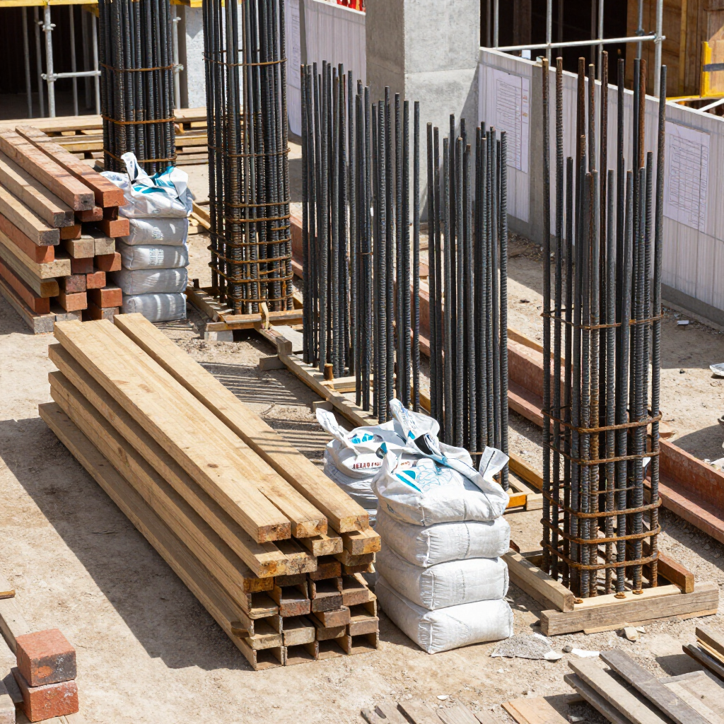 Obra en construcción con columnas de barras de acero, pilas de madera y sacos de cemento sobre una losa de hormigón.