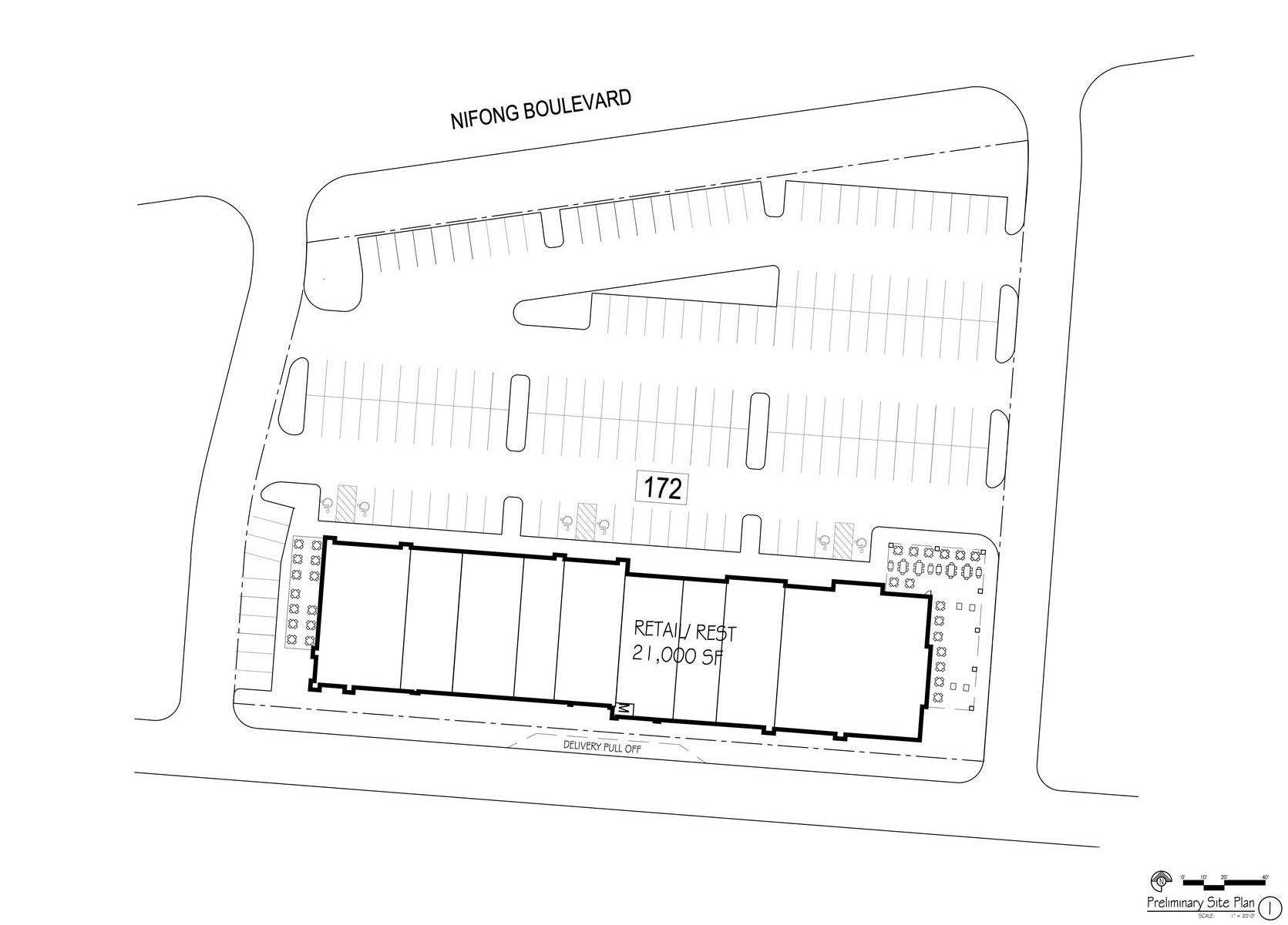 Black-and-white site plan showing a large building footprint within a parking lot and roads