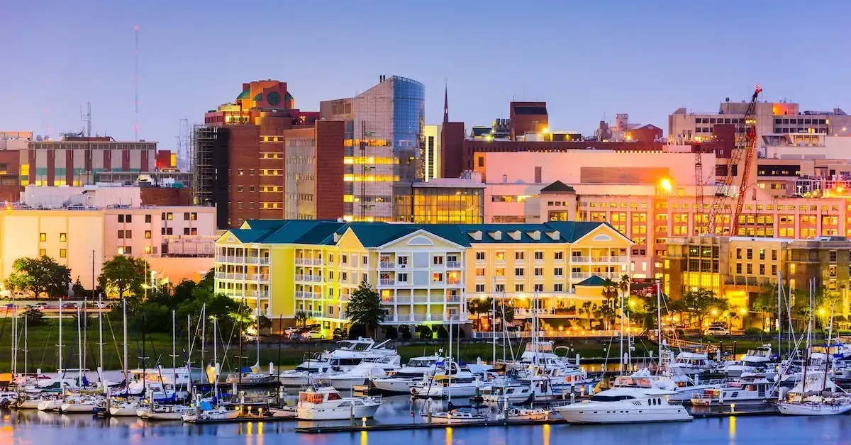 Charleston, South Carolina skyline and marina at dusk