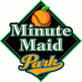 Logo for Minute Maid Park: a baseball shaped like an orange, set against a black diamond with green borders and text.
