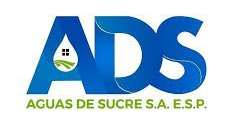 Logotipo de "Aguas de Sucre SAESP" con "ADS" azul y un ícono de gota que contiene una casa y campos verdes.