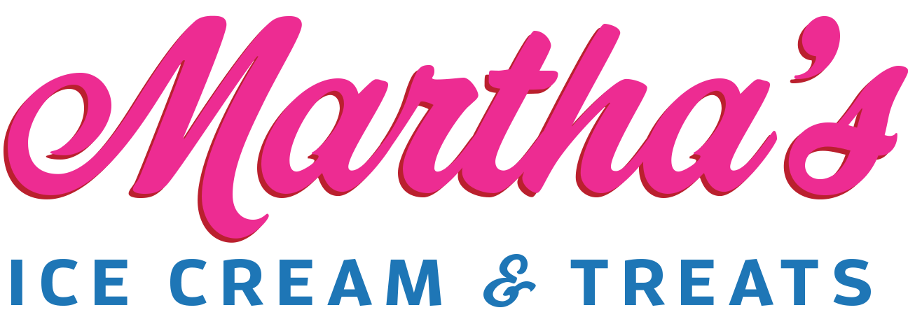 Martha’s Ice Cream & Treats logo in pink and blue script on a white background