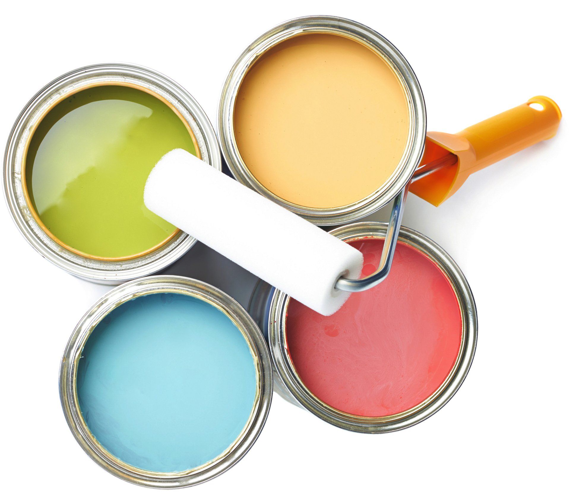 Professional painting supplies including paint cans and roller ready for a painting project
