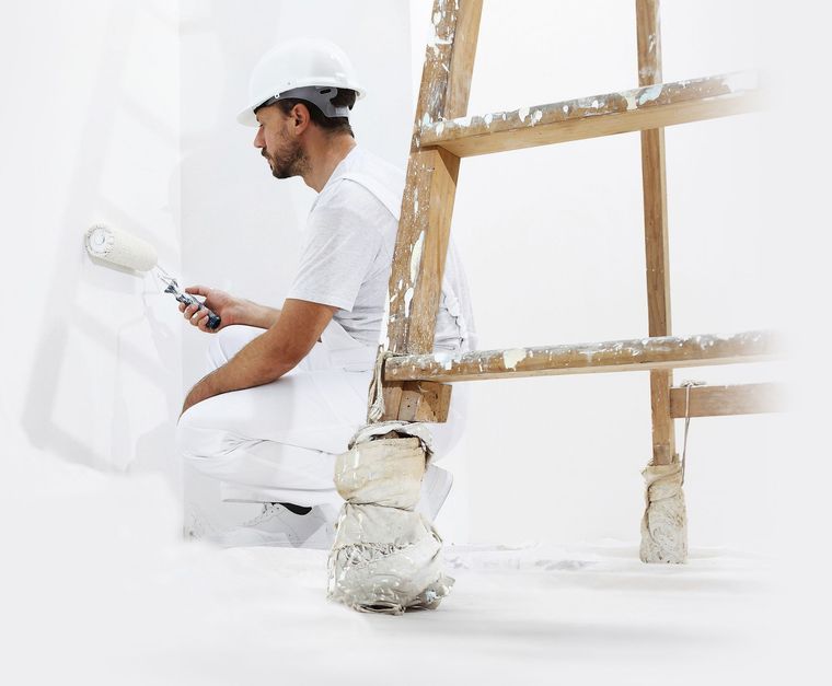 Professional painter using a roller and ladder during a residential painting project