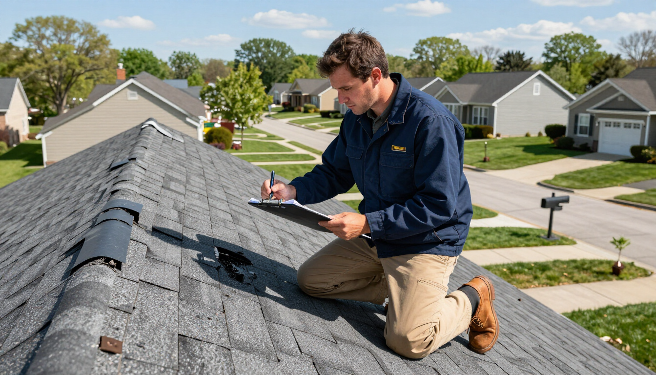 Roofer inspecting hail damage