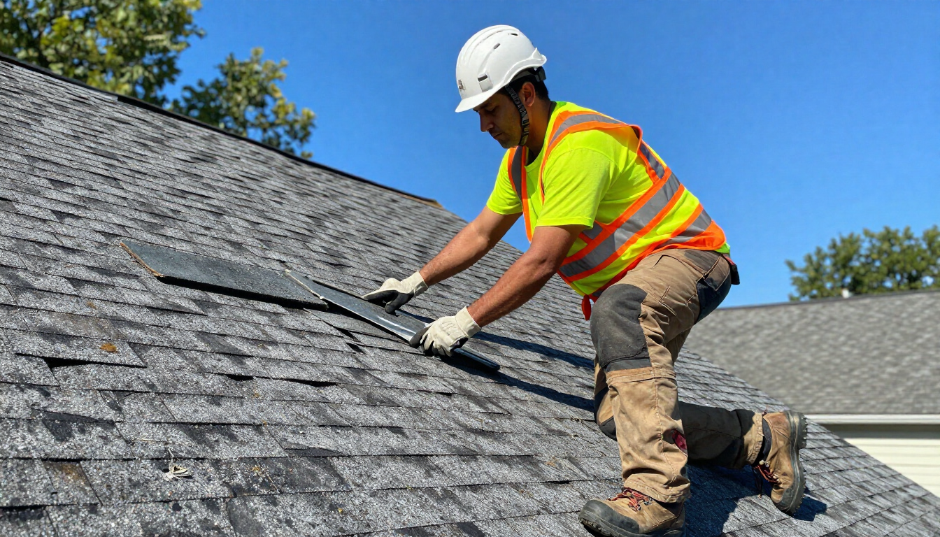 Professional roofer inspecting asphalt shingles in St. Louis