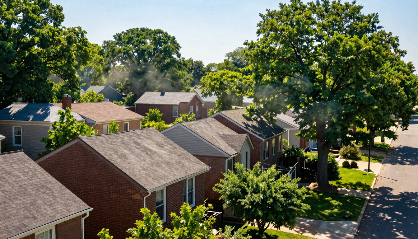 Summer sun shining over a residential St. Louis neighborhood with focus on rooftops.