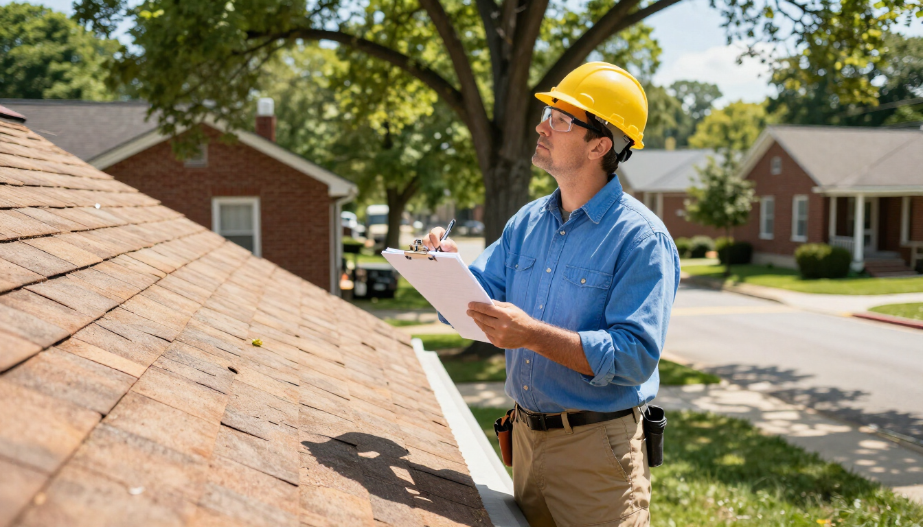 photorealistic professional inspector looking at roof from ground level holding clipboard st louis summer setting